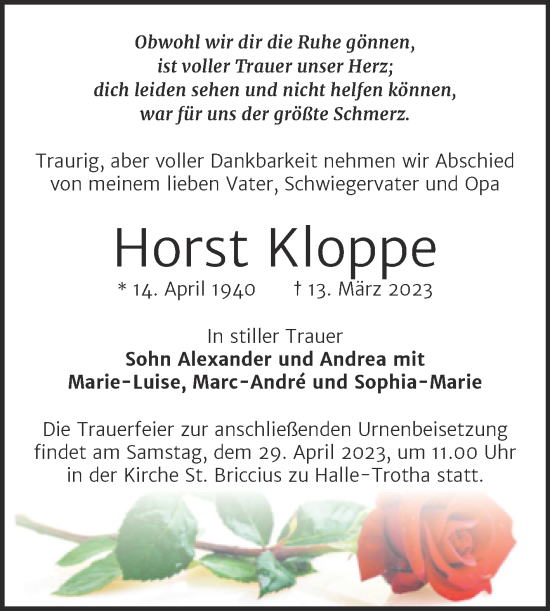 Traueranzeige von Horst Kloppe von Mitteldeutsche Zeitung Halle/Saalkreis