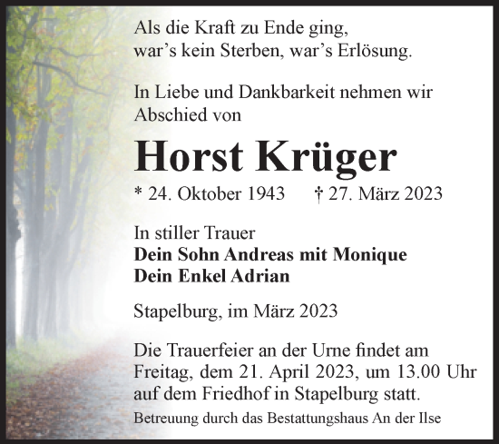 Traueranzeige von Horst Krüger von Volksstimme Wernigerode