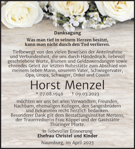 Traueranzeige von Horst Menzel von Naumburger Tageblatt