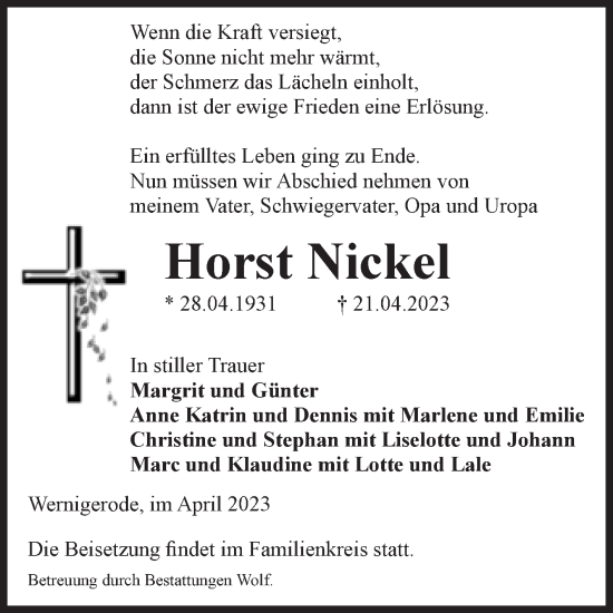 Traueranzeige von Horst Nickel von Volksstimme Wernigerode