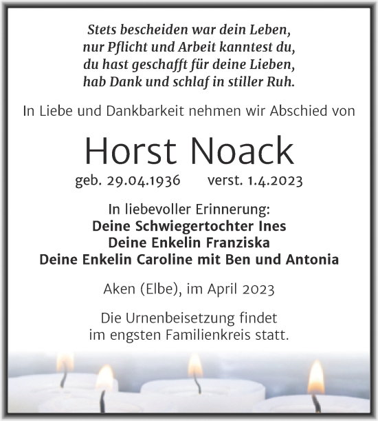 Traueranzeige von Horst Noack von Trauerkombi Köthen