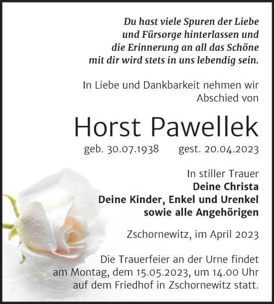 Traueranzeige von Horst Pawellek von Trauerkombi Wittenberg