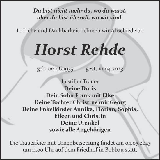 Traueranzeige von Horst Rehde von Trauerkombi Bitterfeld