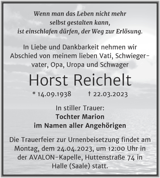 Traueranzeige von Horst Reichelt von Mitteldeutsche Zeitung Halle/Saalkreis