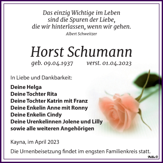 Traueranzeige von Horst Schumann von Trauerkombi Zeitz