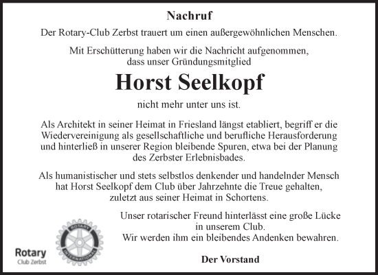Traueranzeige von Horst Seelkopf von Volksstimme Zerbst