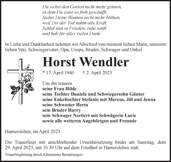 Traueranzeige von Horst Wendler von Volksstimme Oschersleben/Wanzleben
