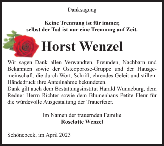 Traueranzeige von Horst Wenzel von Volksstimme Schönebeck