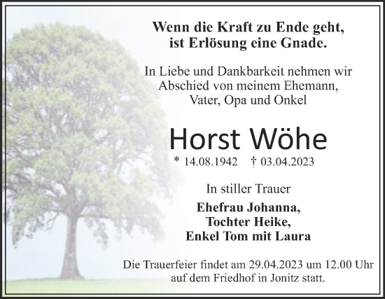 Traueranzeige von Horst Wöhe von Trauerkombi Dessau