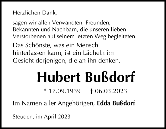 Traueranzeige von Hubert Bußdorf von Mitteldeutsche Zeitung Halle/Saalkreis