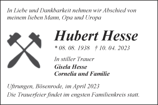 Traueranzeige von Hubert Hesse von Trauerkombi Sangerhausen