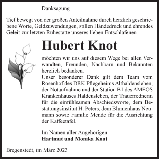 Traueranzeige von Hubert Knot von Volksstimme Haldensleben/Wolmirstedt