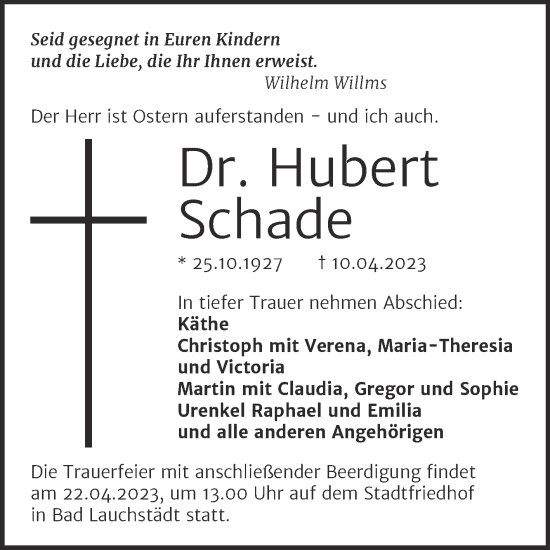 Traueranzeige von Hubert Schade von Mitteldeutsche Zeitung Merseburg/Querfurt
