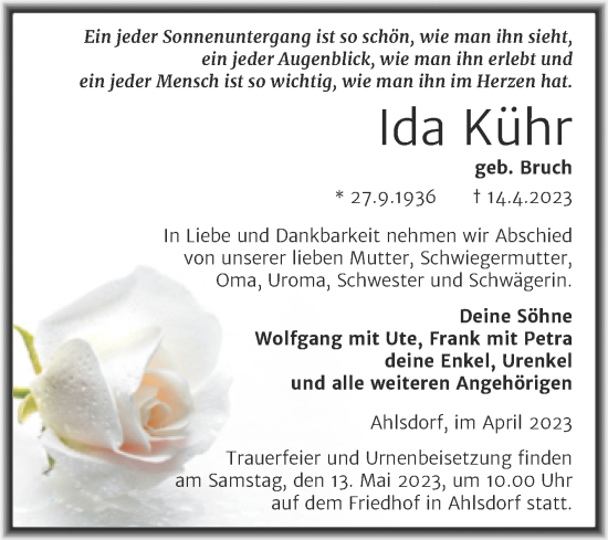 Traueranzeige von Ida Kühr von Trauerkombi Mansfelder Land