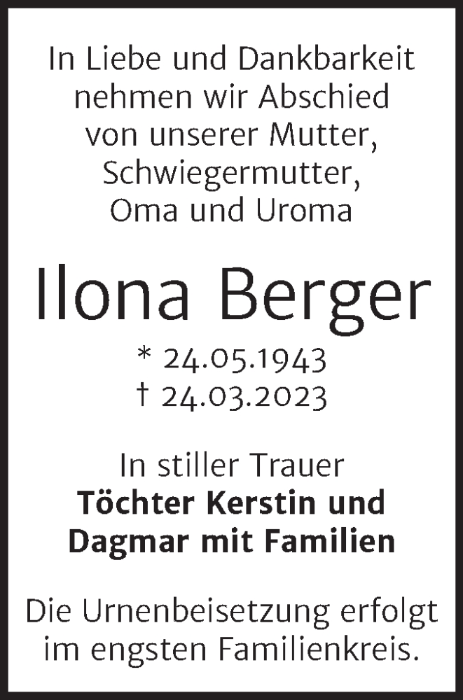  Traueranzeige für Ilona Berger vom 01.04.2023 aus Trauerkombi Bernburg