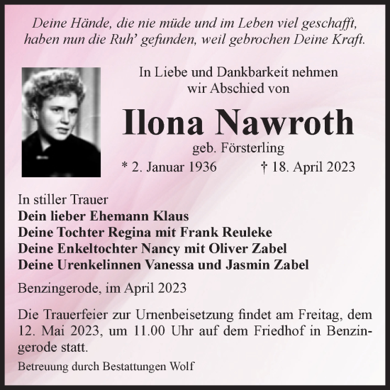 Traueranzeige von Ilona Nawroth von Volksstimme Wernigerode