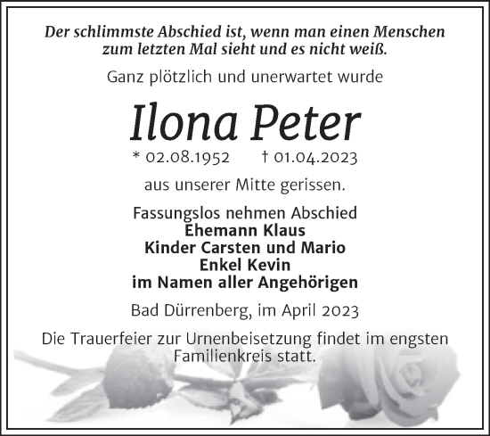 Traueranzeige von Ilona Peter von Trauerkombi Merseburg