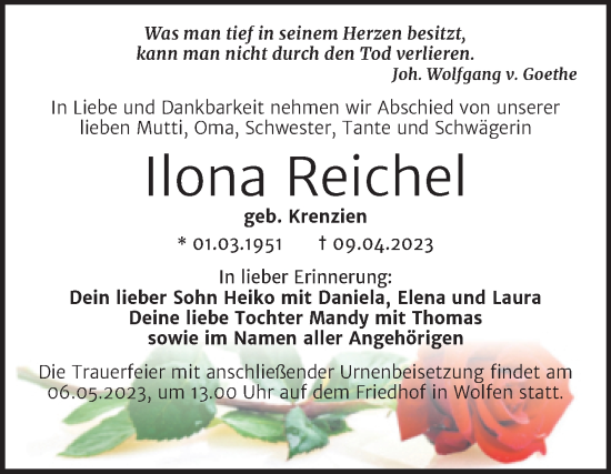 Traueranzeige von Ilona Reichel von Trauerkombi Bitterfeld