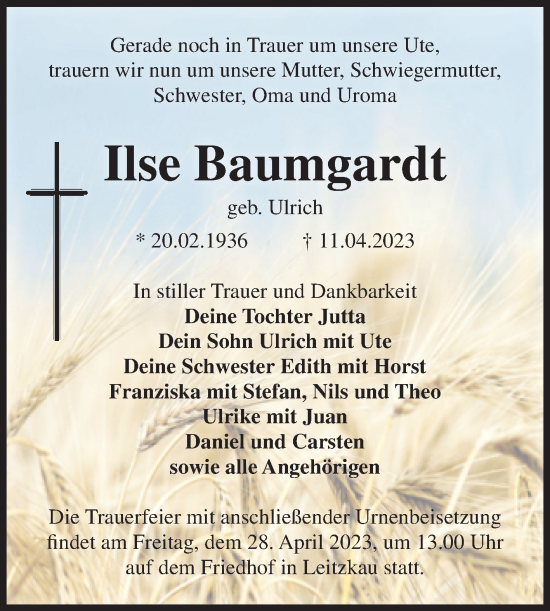 Traueranzeige von Ilse Baumgardt von Volksstimme Zerbst