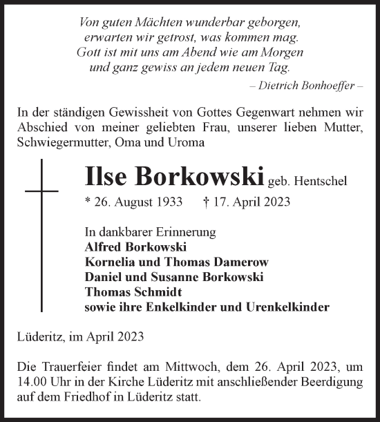Traueranzeige von Ilse Borkowski von Volksstimme Altmark Ost