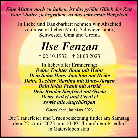 Traueranzeige von Ilse Fenzan von Trauerkombi Aschersleben