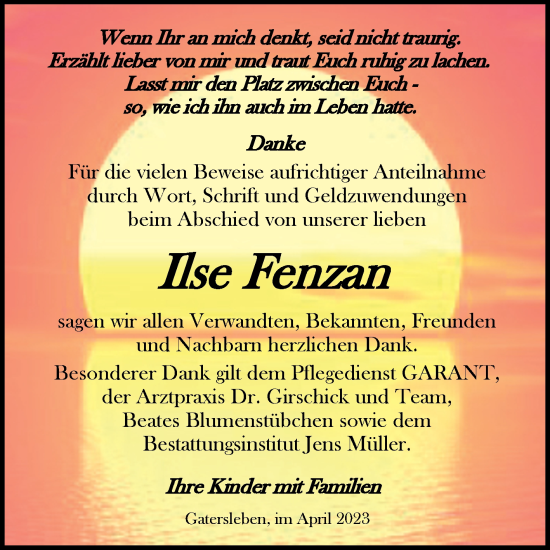 Traueranzeige von Ilse Fenzan von Trauerkombi Aschersleben
