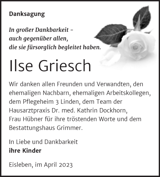 Traueranzeige von Ilse Griesch von Trauerkombi Mansfelder Land