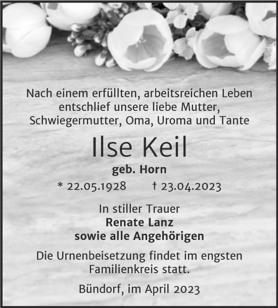Traueranzeige von Ilse Keil von Trauerkombi Merseburg