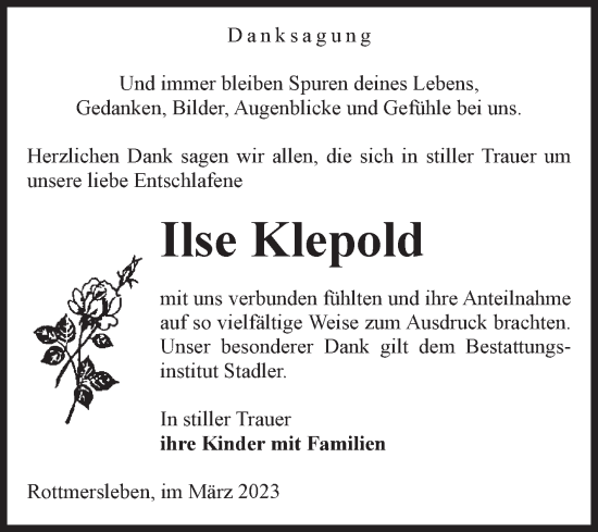 Traueranzeige von Ilse Klepold von Volksstimme Haldensleben/Wolmirstedt