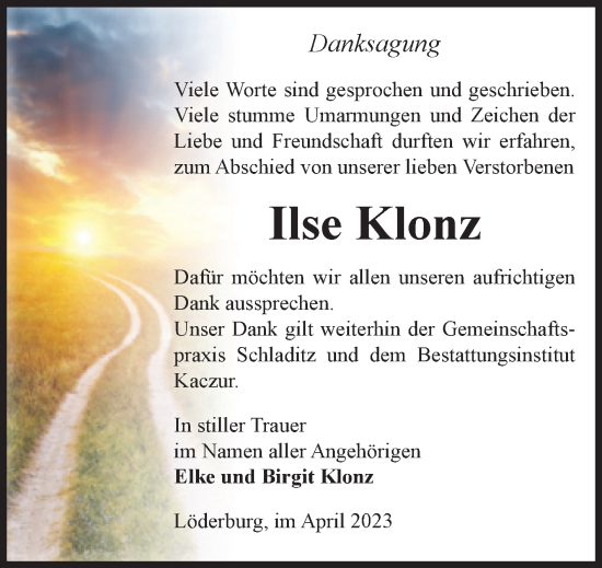 Traueranzeige von Ilse Klonz von Volksstimme Staßfurt