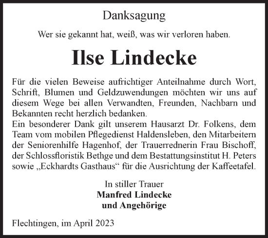 Traueranzeige von Ilse Lindecke von Volksstimme Haldensleben/Wolmirstedt