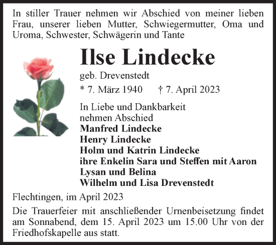 Traueranzeige von Ilse Lindecke von Volksstimme Haldensleben/Wolmirstedt