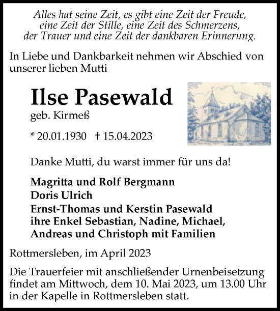 Traueranzeige von Ilse Pasewald von Volksstimme Haldensleben/Wolmirstedt