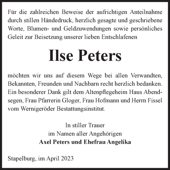 Traueranzeige von Ilse Peters von Volksstimme Wernigerode
