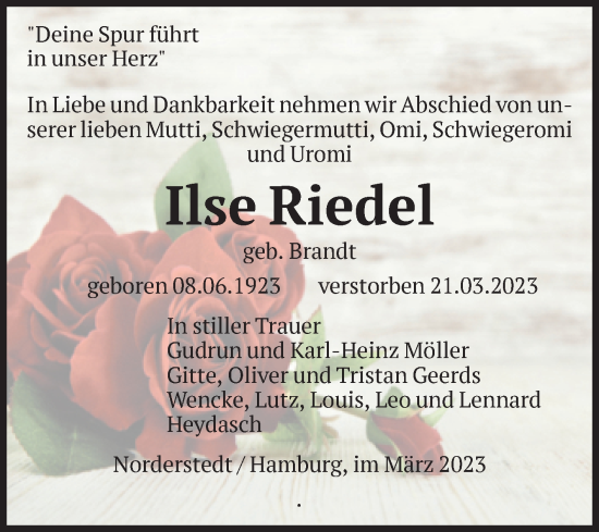 Traueranzeige von Ilse Riedel von Volksstimme Schönebeck