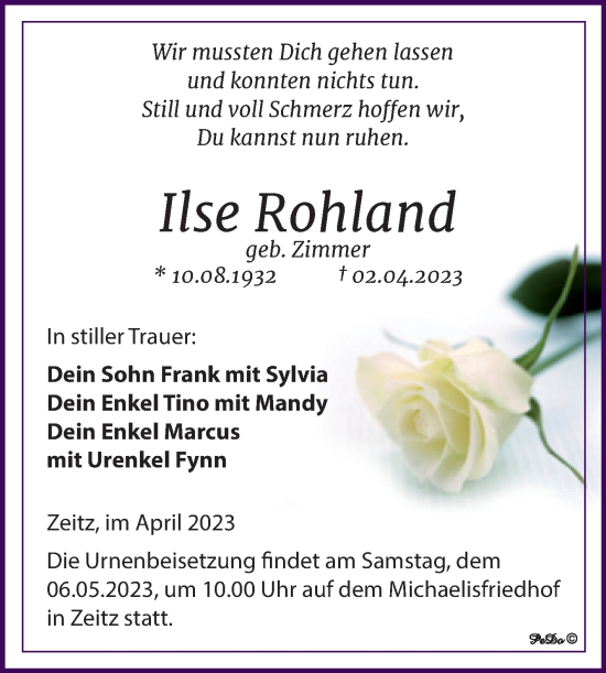 Traueranzeige von Ilse Rohland von Trauerkombi Zeitz