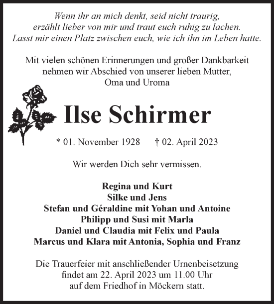 Traueranzeige von Ilse Schirmer von Volksstimme Burg/Genthin