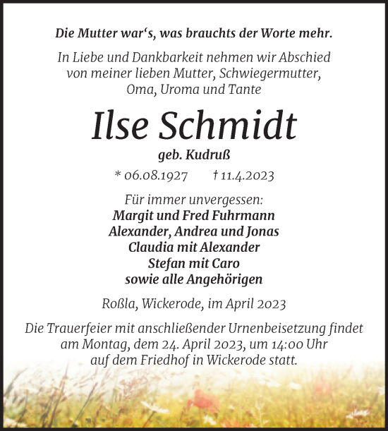 Traueranzeige von Ilse Schmidt von Trauerkombi Sangerhausen