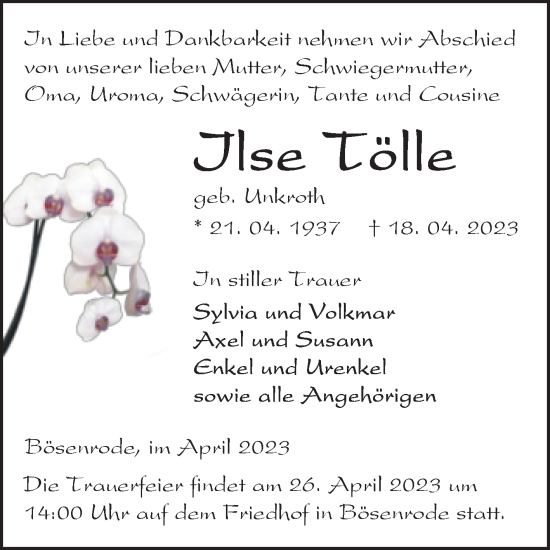 Traueranzeige von Ilse Tölle von Trauerkombi Sangerhausen