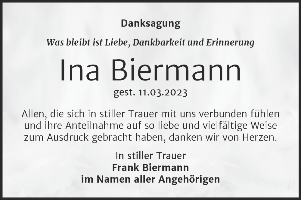  Traueranzeige für Ina Biermann vom 15.04.2023 aus Trauerkombi Wittenberg