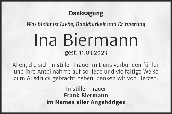 Traueranzeige von Ina Biermann von Trauerkombi Wittenberg