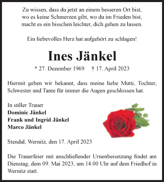 Traueranzeige von Ines Jänkel von Volksstimme Altmark West