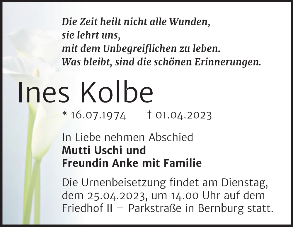 Traueranzeige für Ines Kolbe vom 08.04.2023 aus Trauerkombi Bernburg