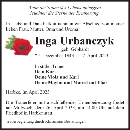 Traueranzeige von Inga Urbanczyk von Volksstimme Oschersleben/Wanzleben