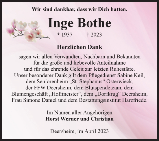 Traueranzeige von Inge Bothe von Volksstimme Halberstadt