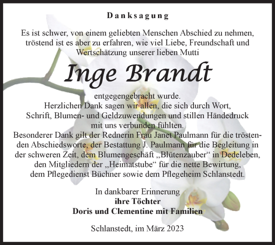 Traueranzeige von Inge Brandt von Volksstimme Halberstadt