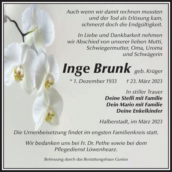 Traueranzeige von Inge Brunk von Volksstimme Halberstadt