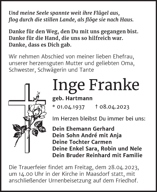 Traueranzeige von Inge Franke von Trauerkombi Köthen