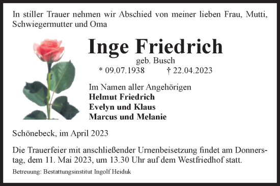 Traueranzeige von Inge Friedrich von Volksstimme Schönebeck