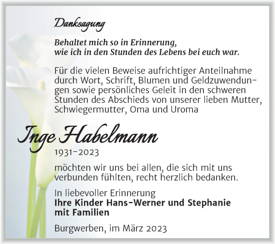 Traueranzeige von Inge Habelmann von Trauerkombi Weißenfels